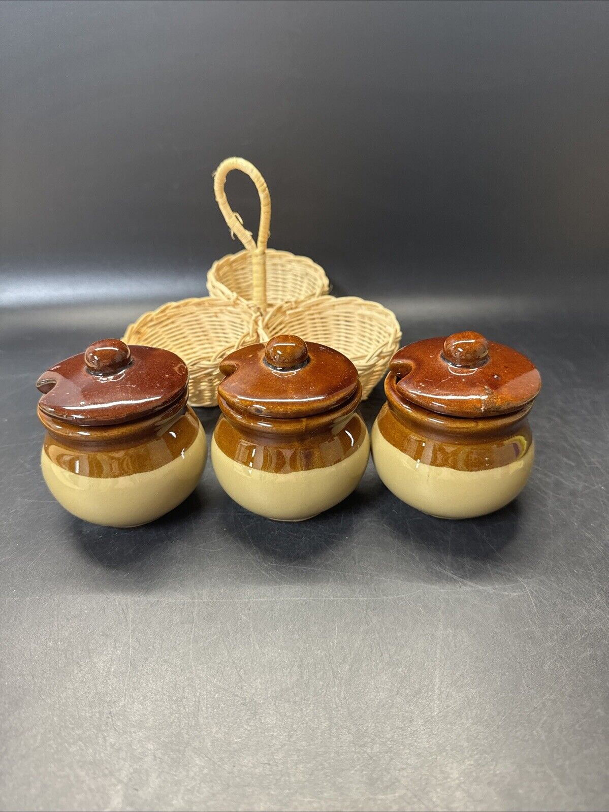 Vintage Rattan Condiment Caddy w/ 3 Stoneware Crocks