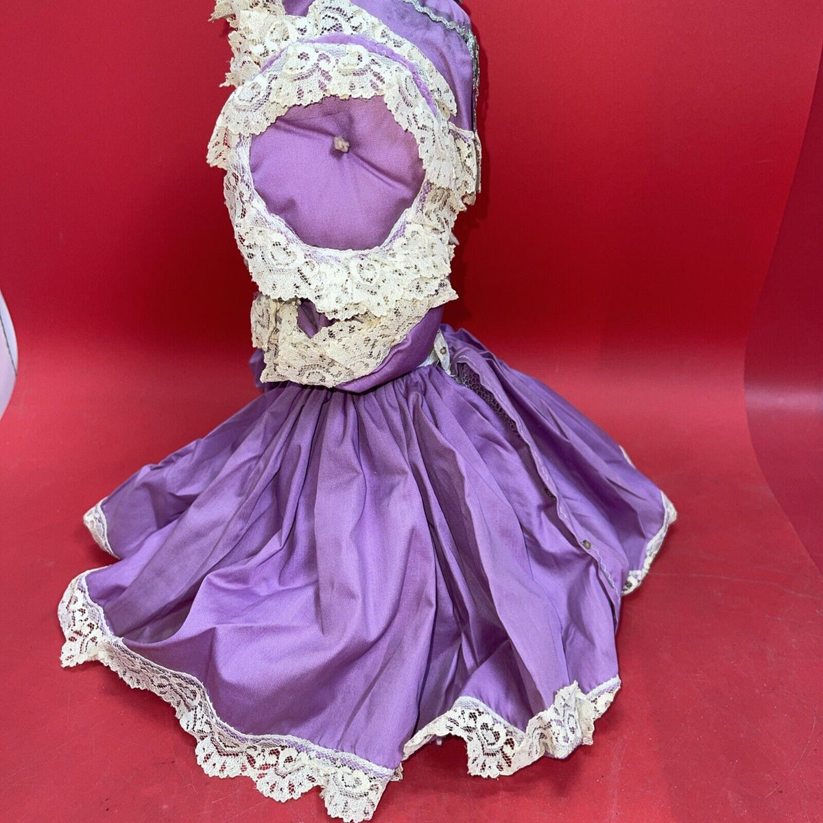 Vintage Fabric Cloth Small 12" Doll Toy Hand Painted Lace Dress Purple