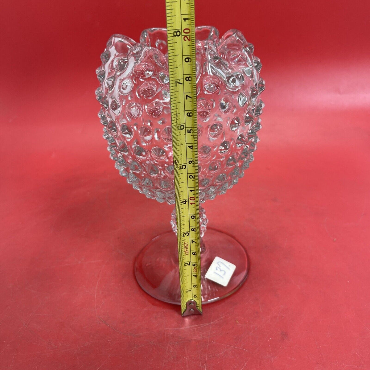 Duncan & Miller Clear Glass Hobnail Crimped Footed Vase Vintage