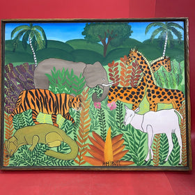 Haitian Jungle Art ,Artist M=Mirvil  Brilliant Colors Signed Framed 16Hx20w