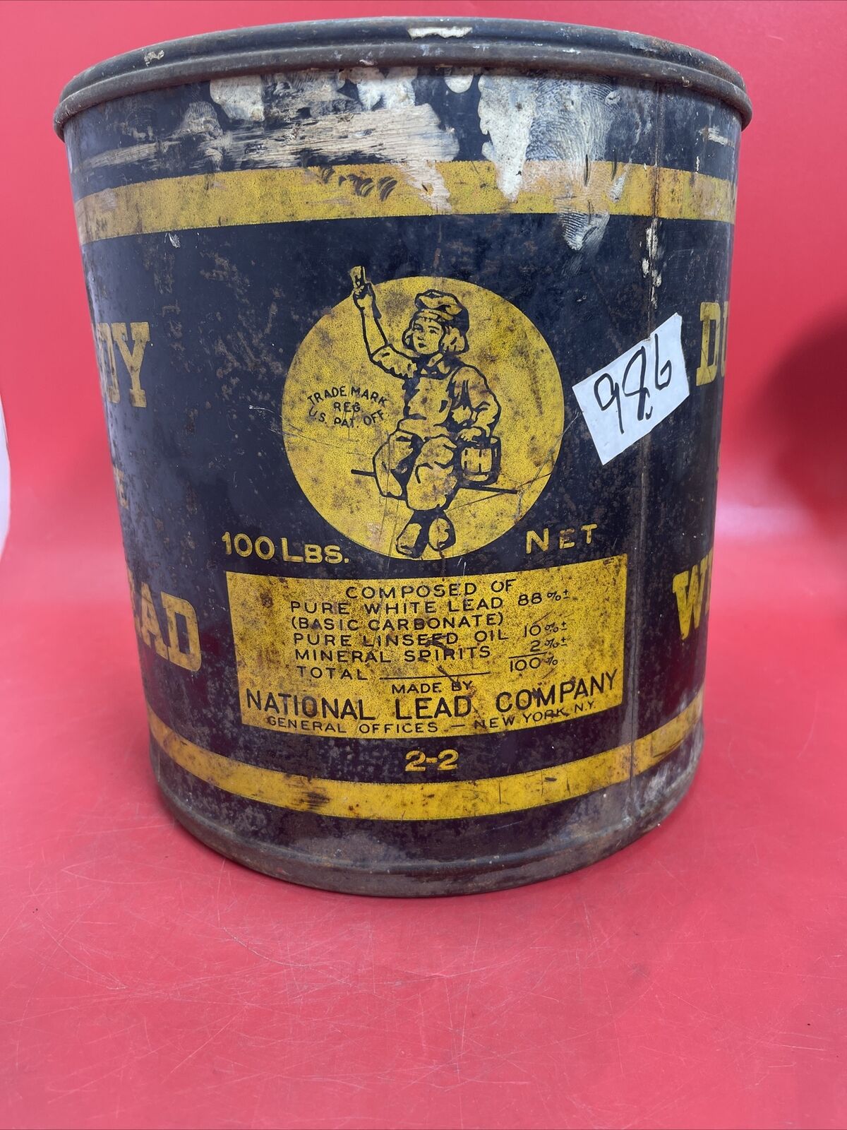 RARE Vintage Circa 1940s Dutch Boy White Lead Soft Paste Lidded Pail 100LB