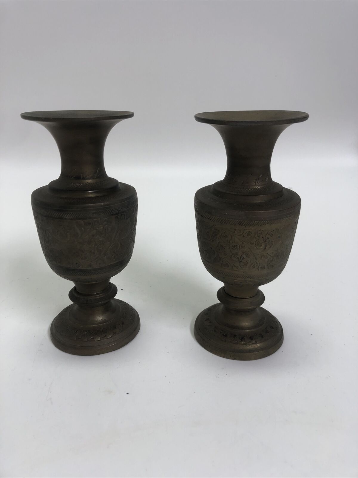 Vintage Pair of Indian Painted and Etched Brass Vases