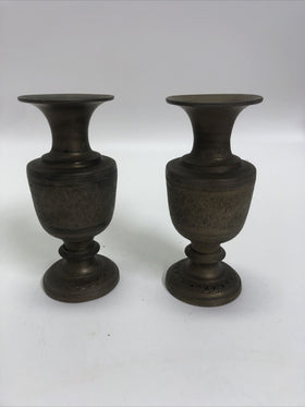 Vintage Pair of Indian Painted and Etched Brass Vases