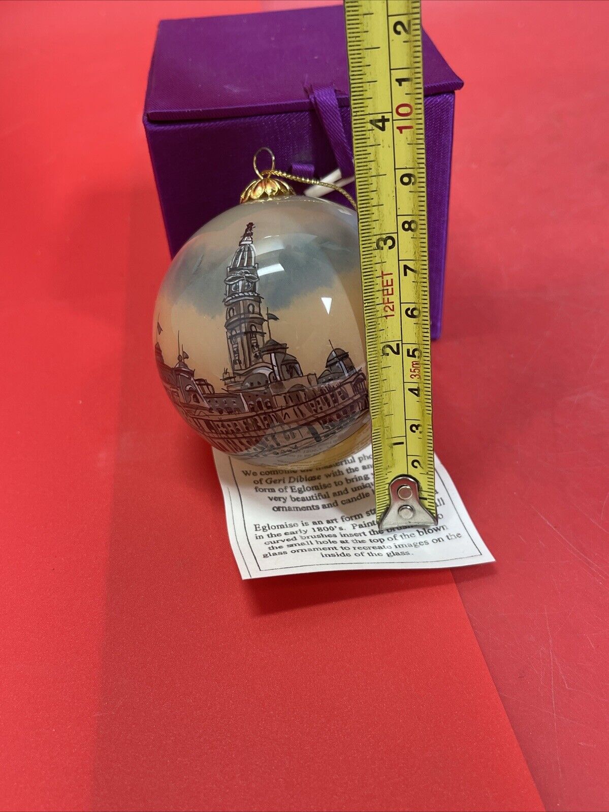 Vintage Reverse Painted Christmas Glass Ornament  3.25” City Hall Philadelphia