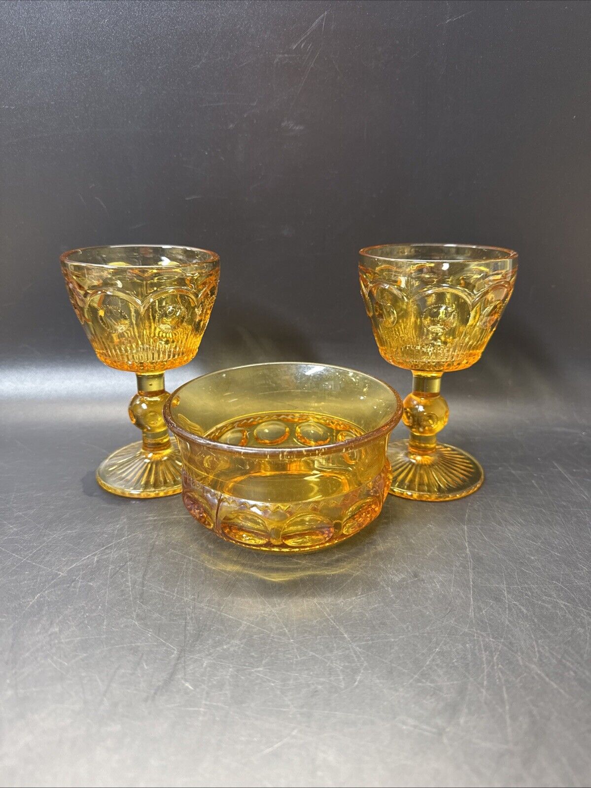 Vintage Amber Wine Or Water Goblets And Fruit Dessert Bowl/ Set Of 3pcs