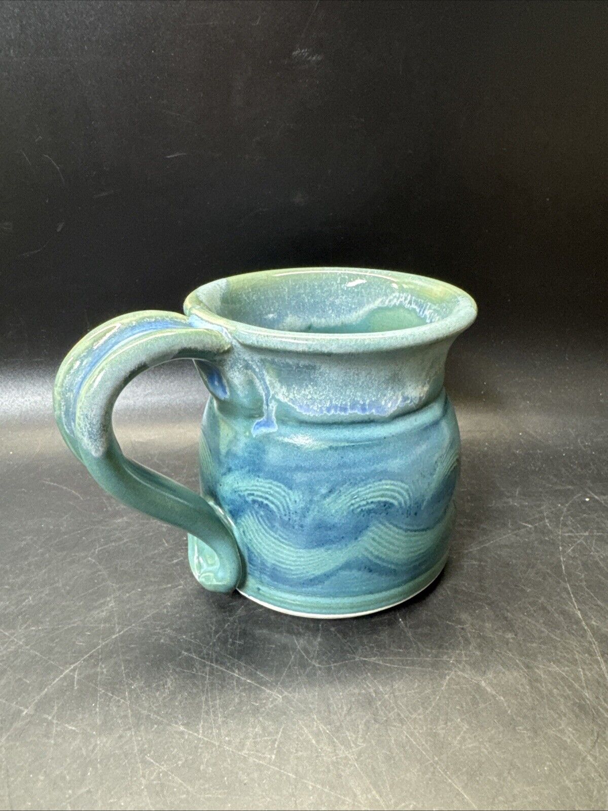 Studio Pottery Coffee Mug Cup Blue Green Wave Design Signed Beach Salt Life