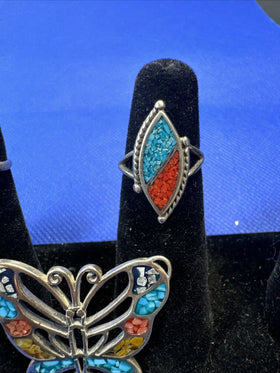 Vintage Native American Southwest Coral Turquoise Inlay Rings And Pendant