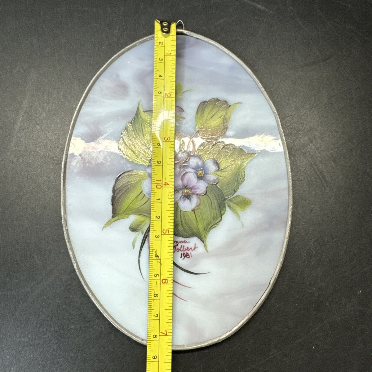 Vintage Oval Sun Catcher Glass Handpainted Floral Purple Violet Pansy