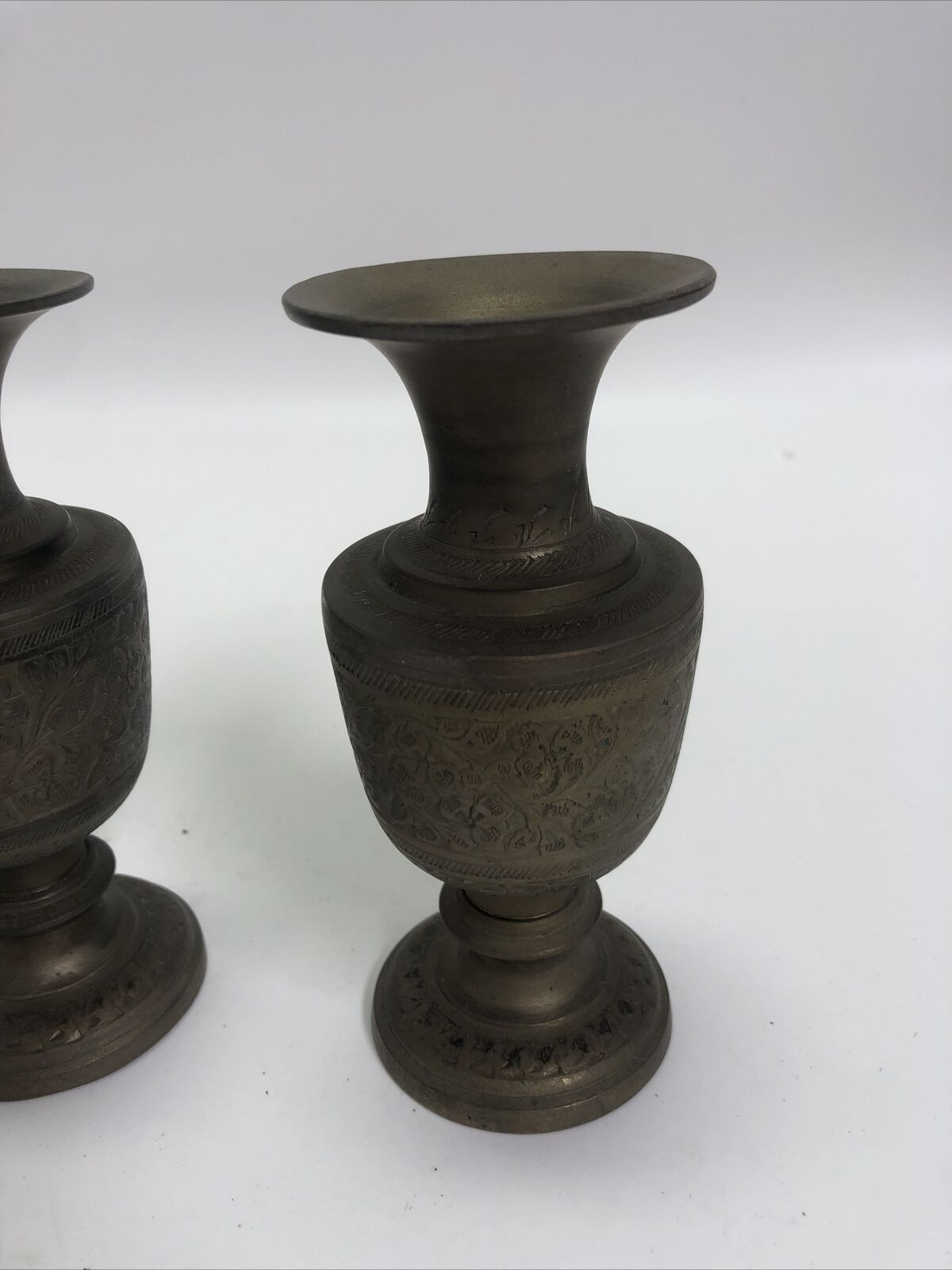 Vintage Pair of Indian Painted and Etched Brass Vases