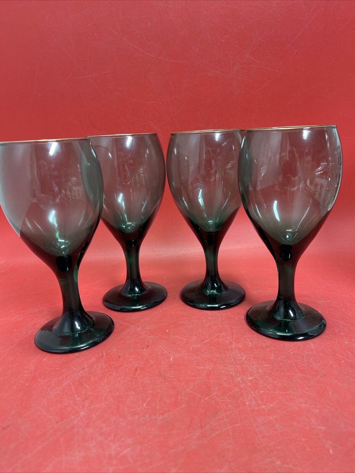 Vintage Libbey Juniper Emerald Green Teardrop Wine Glasses Goblets Gold Rim 4