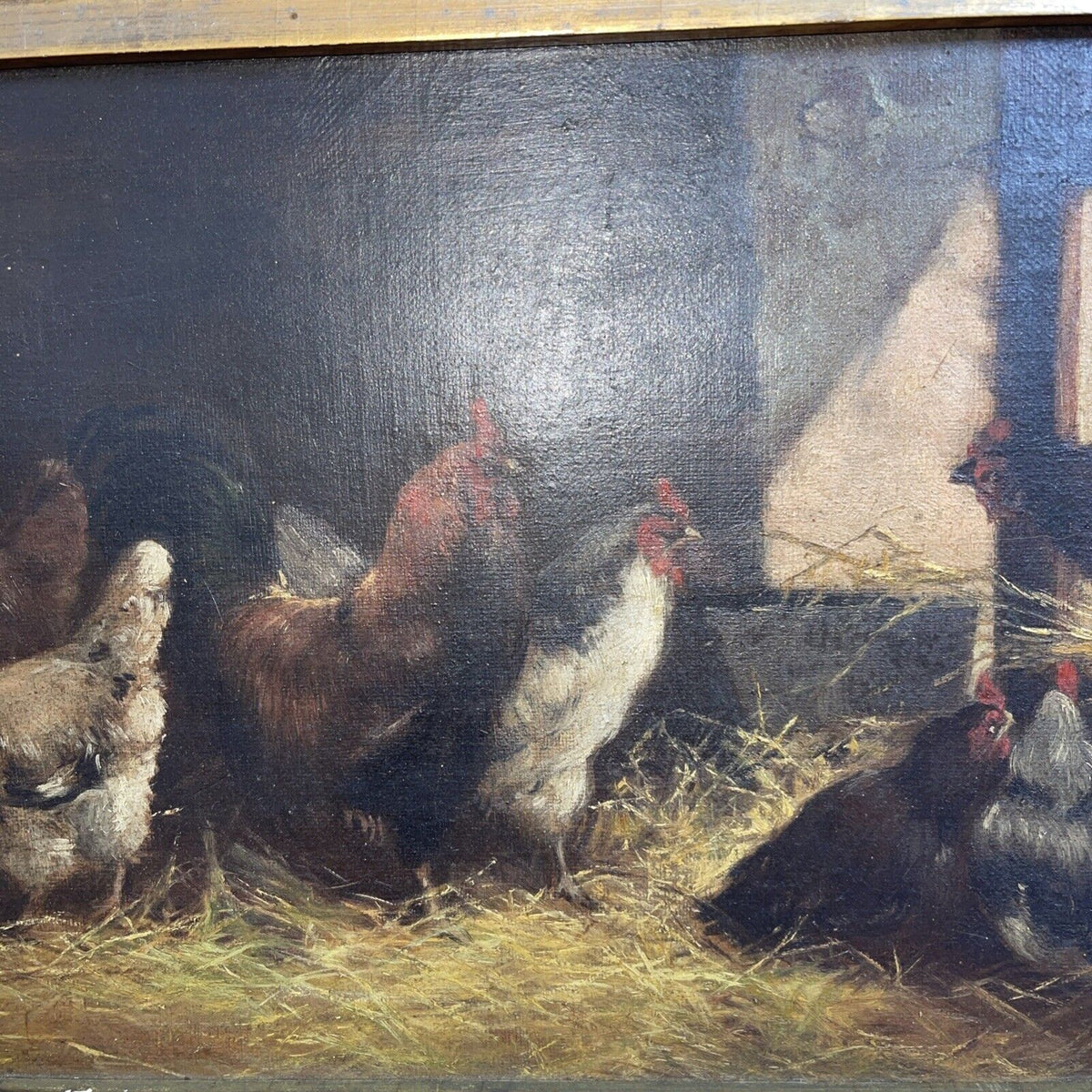 Antique Folk Art Barnyard Oil Painting Chickens  Rooster 1900’s