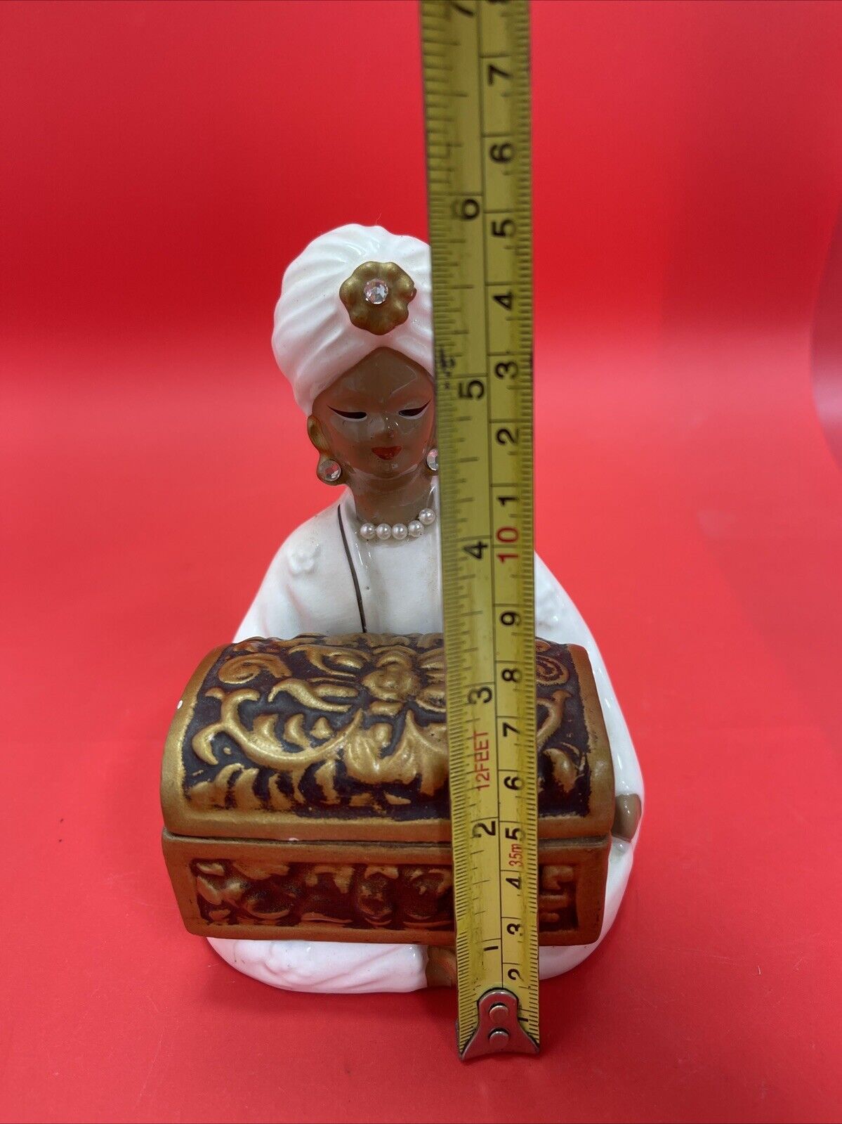 VINTAGE ENESCO SITTING GYPSY CERAMIC TRINKET BOX w TREASURE CHEST