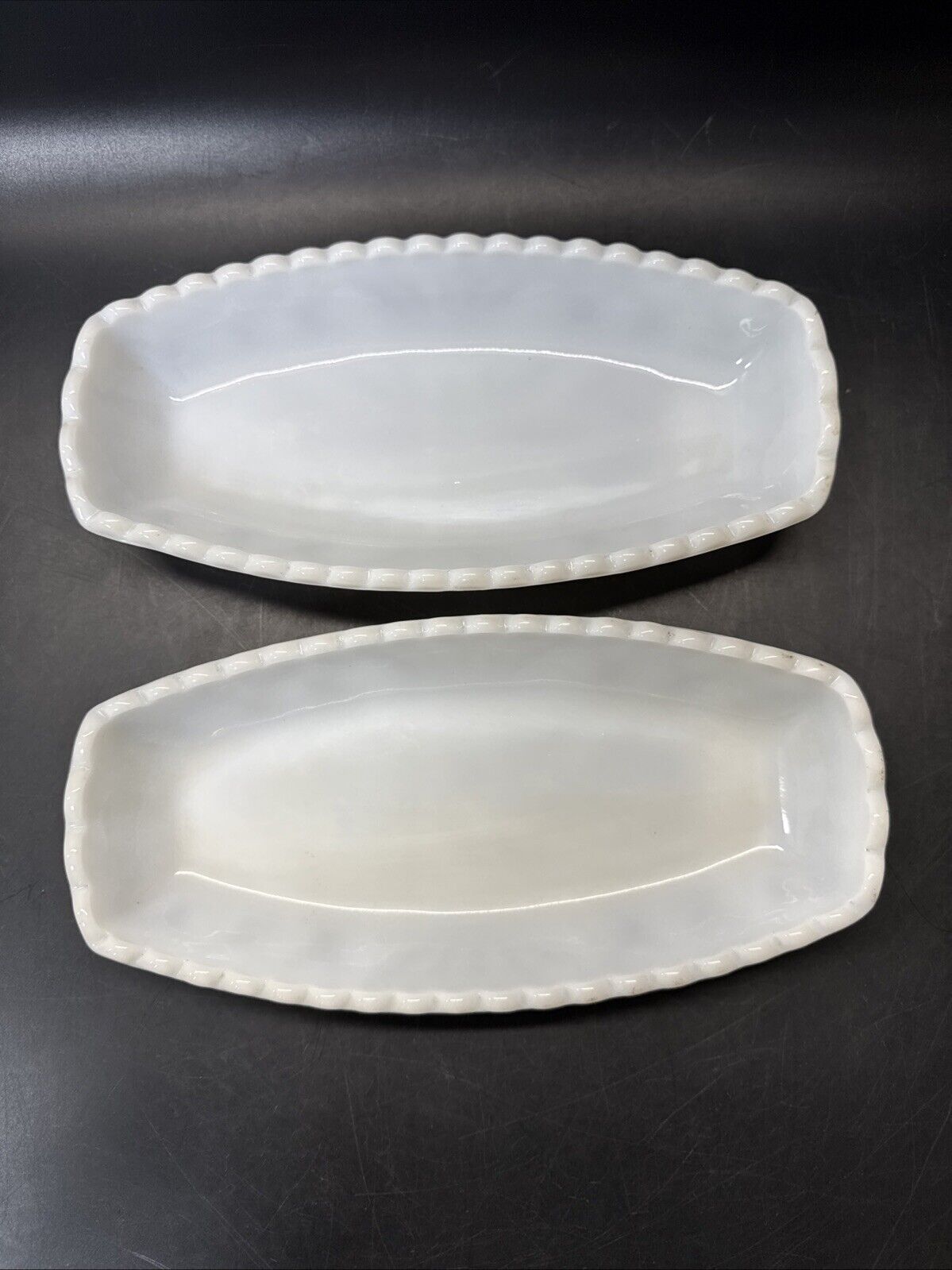 Vintage White Milk Glass 9 1/2" Relish Candy Butter dish/ Lot Of 2