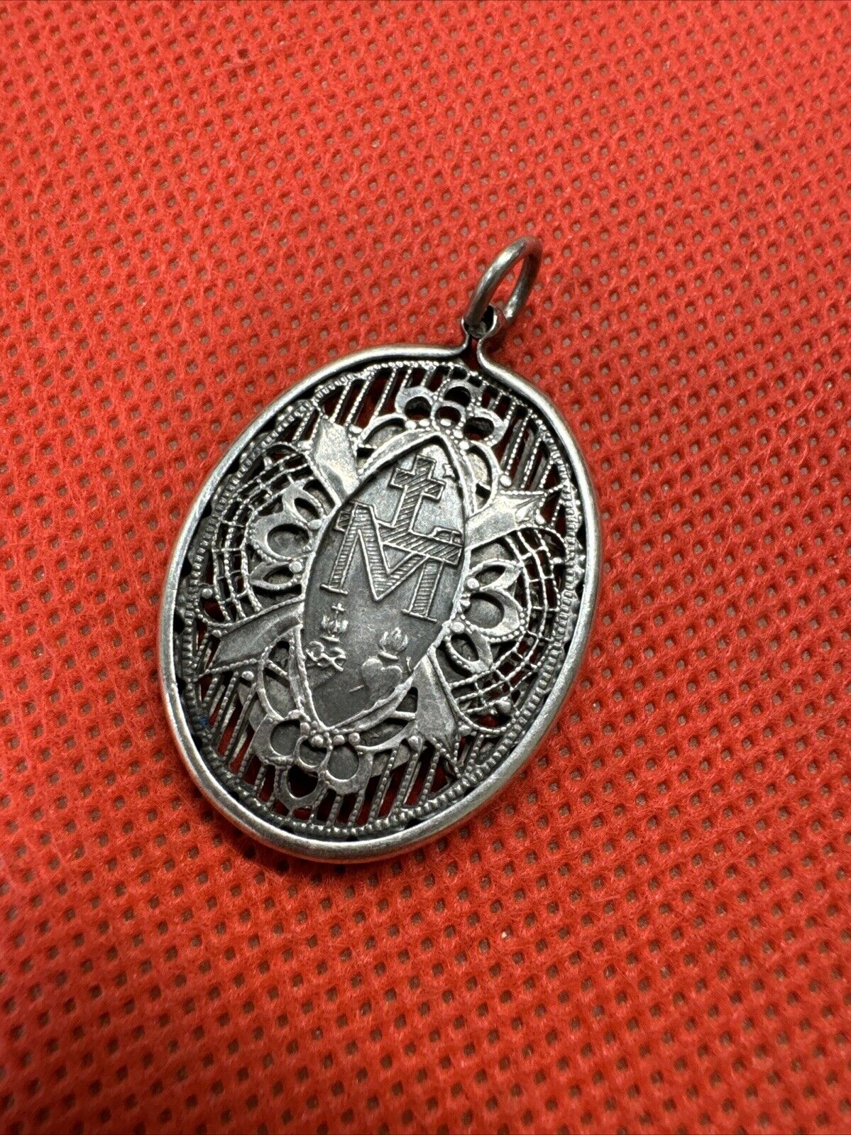 Vintage Sterling Silver Catholic Religious Caged Filigree Miraculous Medal