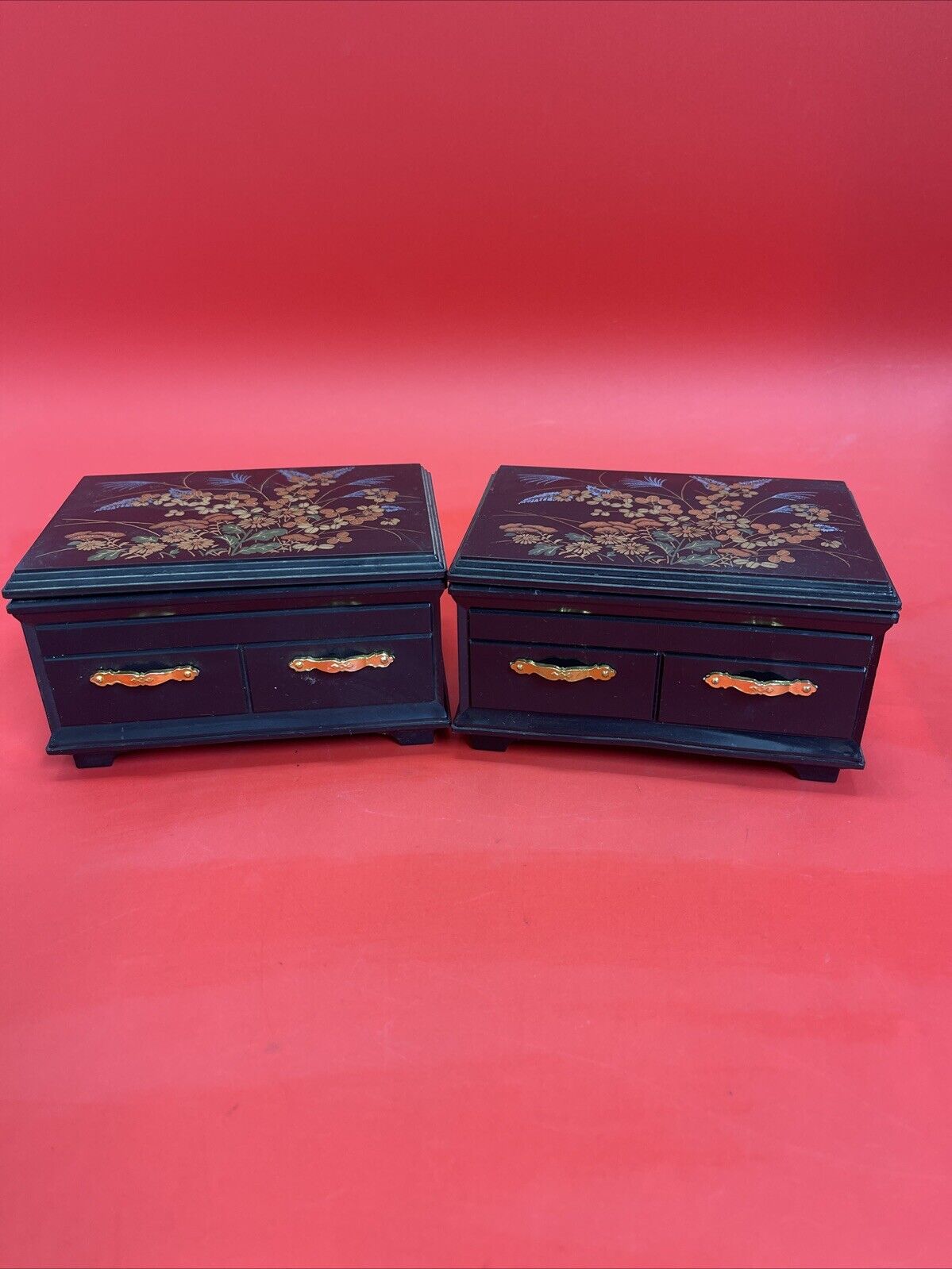 Asian Faux Lacquer Small Jewelry Box w/ Interior Mirror & Red Velvet Lining Lot2