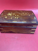 Vintage Handmade Inlaid Wood Jewelry Box W/Key,Gold Inlaid Design,10"x 7"x4"