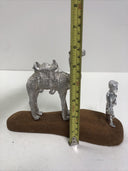Vintage Set Silver Camel & Man Statue on Wood Stand Sculpture Figurine