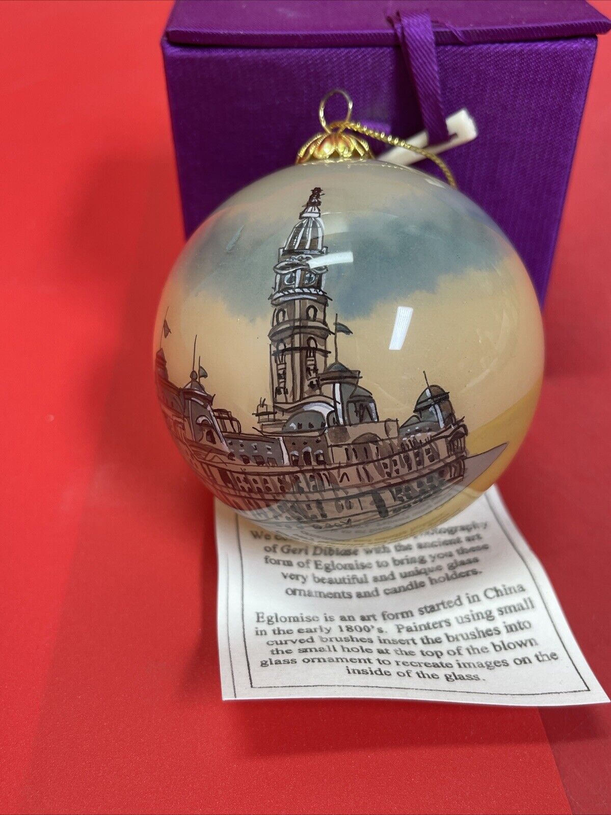 Vintage Reverse Painted Christmas Glass Ornament  3.25” City Hall Philadelphia