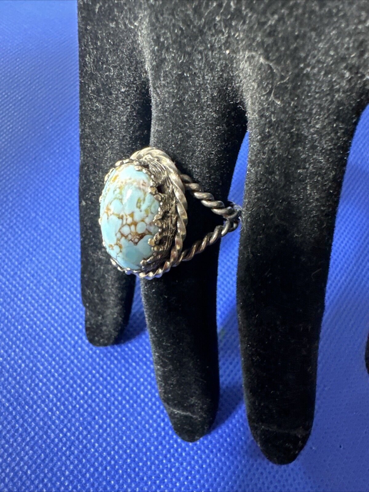 Germany Turquoise Peking Art Glass Ring Twisted Brass Adjustable