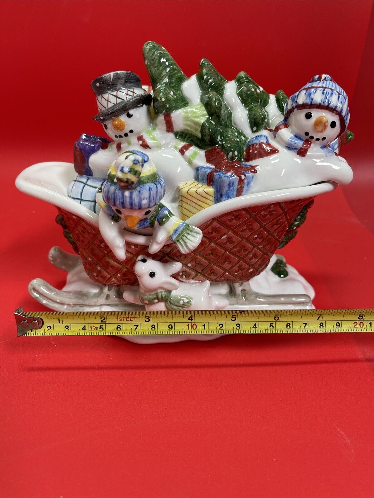 Fitz & Floyd Christmas The Flurries Snowmen in Sleigh Lidded Bowl Dish