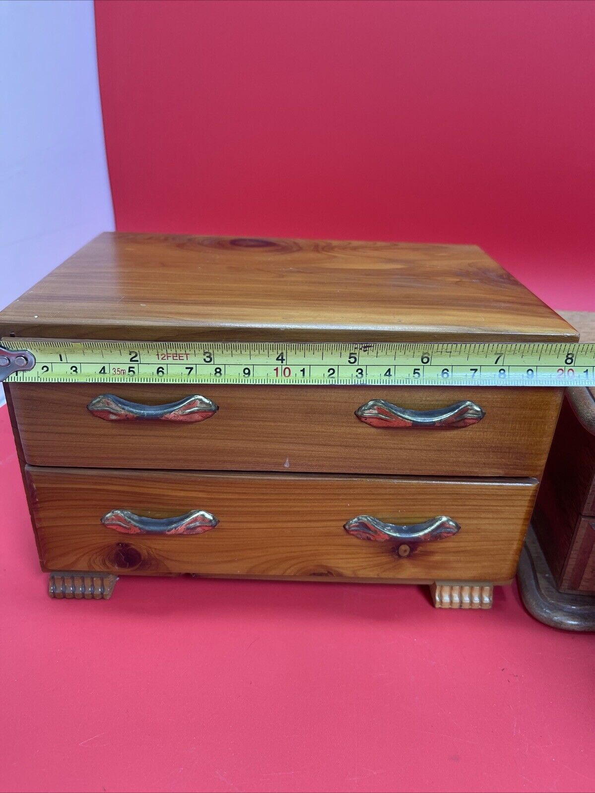 Lot of 2 Vintage Wooden Jewelry Boxes w/ Hinge Opening Mirrors Drawers