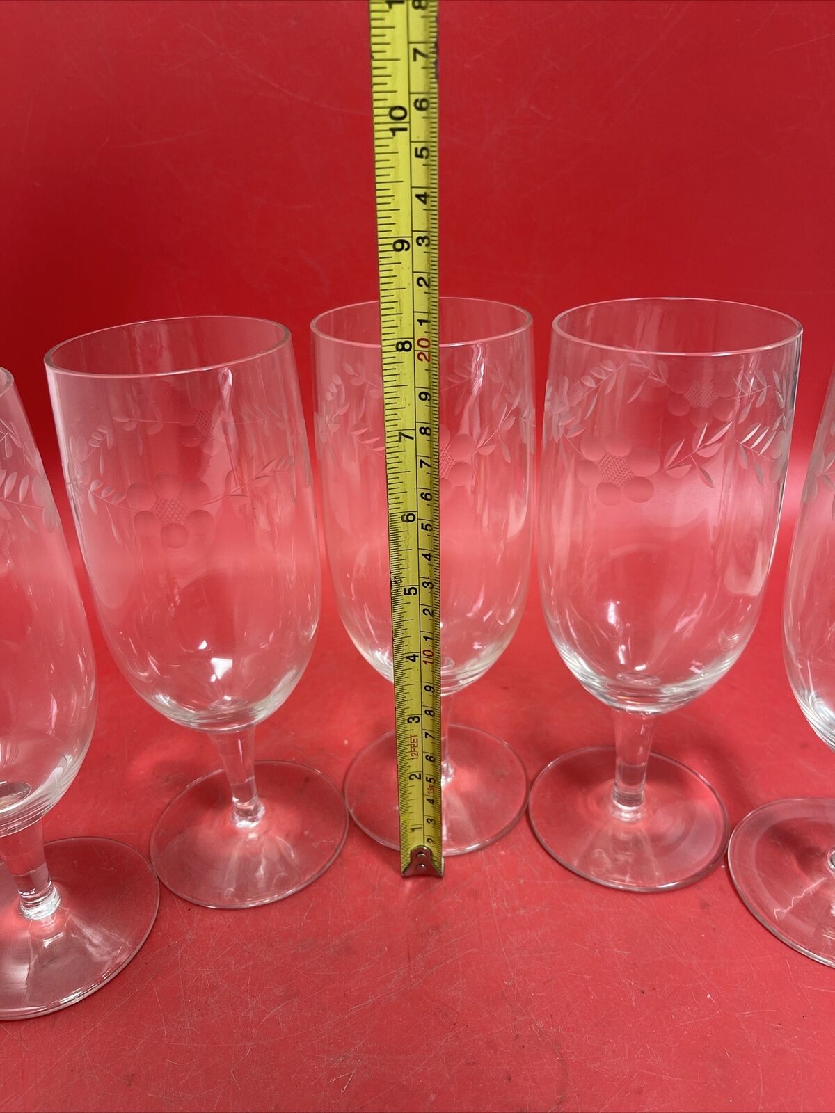 Set 5 Wine Glasses Etched Floral Design Vintage Goblets