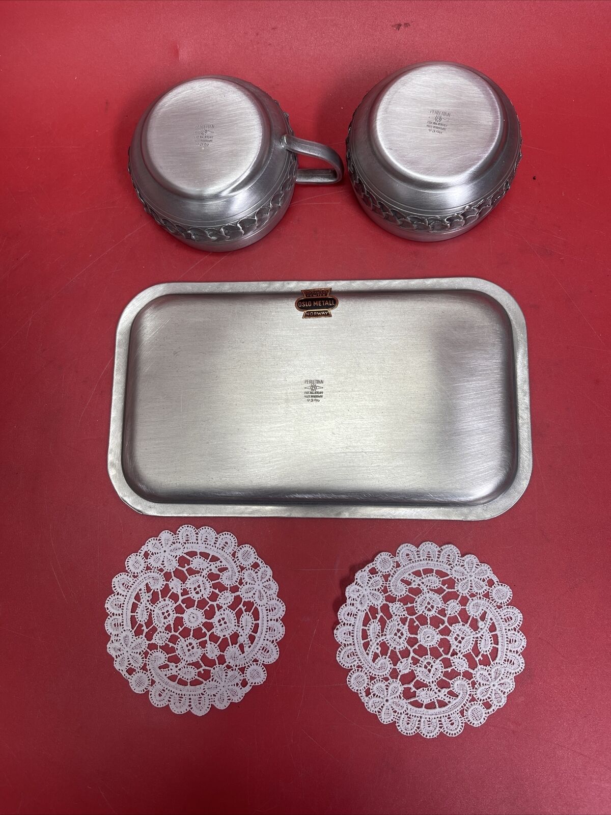 Oslo Pewter textured Cream and Sugar Set w/ Tray.  Perletinn design from Norway.