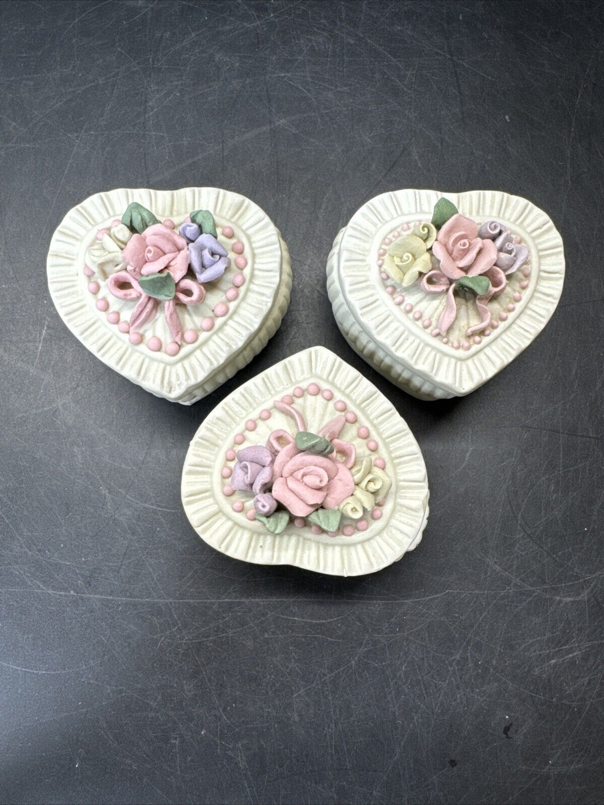 Set Of 3 Floral Trinket Box Flower Design With Lid