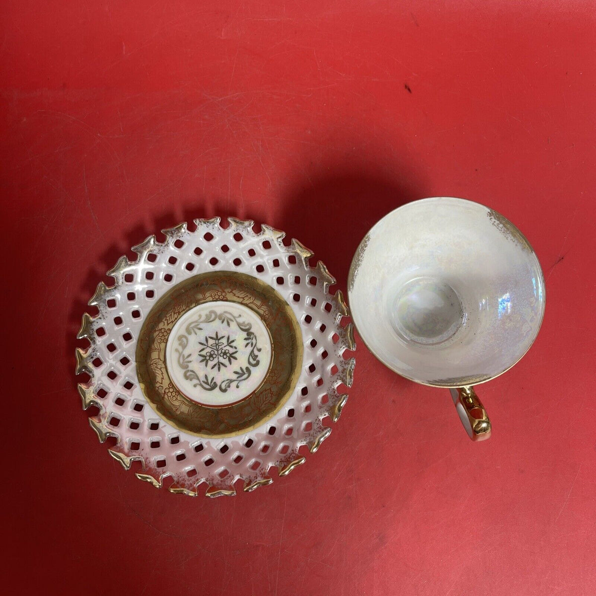 LM Royal Halsey Tea Cup & Saucer Very Fine Reticulated Gold Trim Vintage