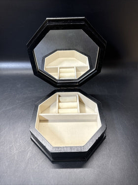 Vintage '91 Wood Jewelry Box Fabric covered Lid Props Open to show Mirror & Felt