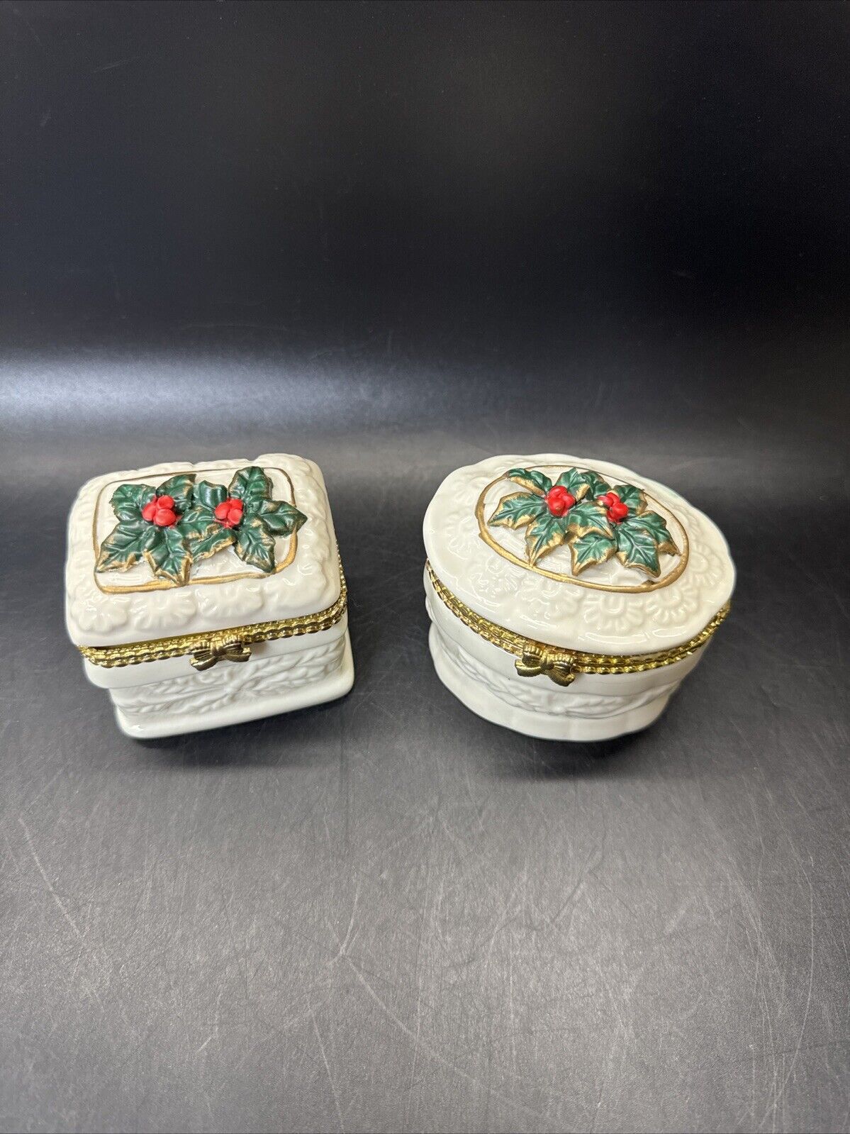 Vintage Trinket Box Poinsettia & Holly  Collectors/ Lot Of 2