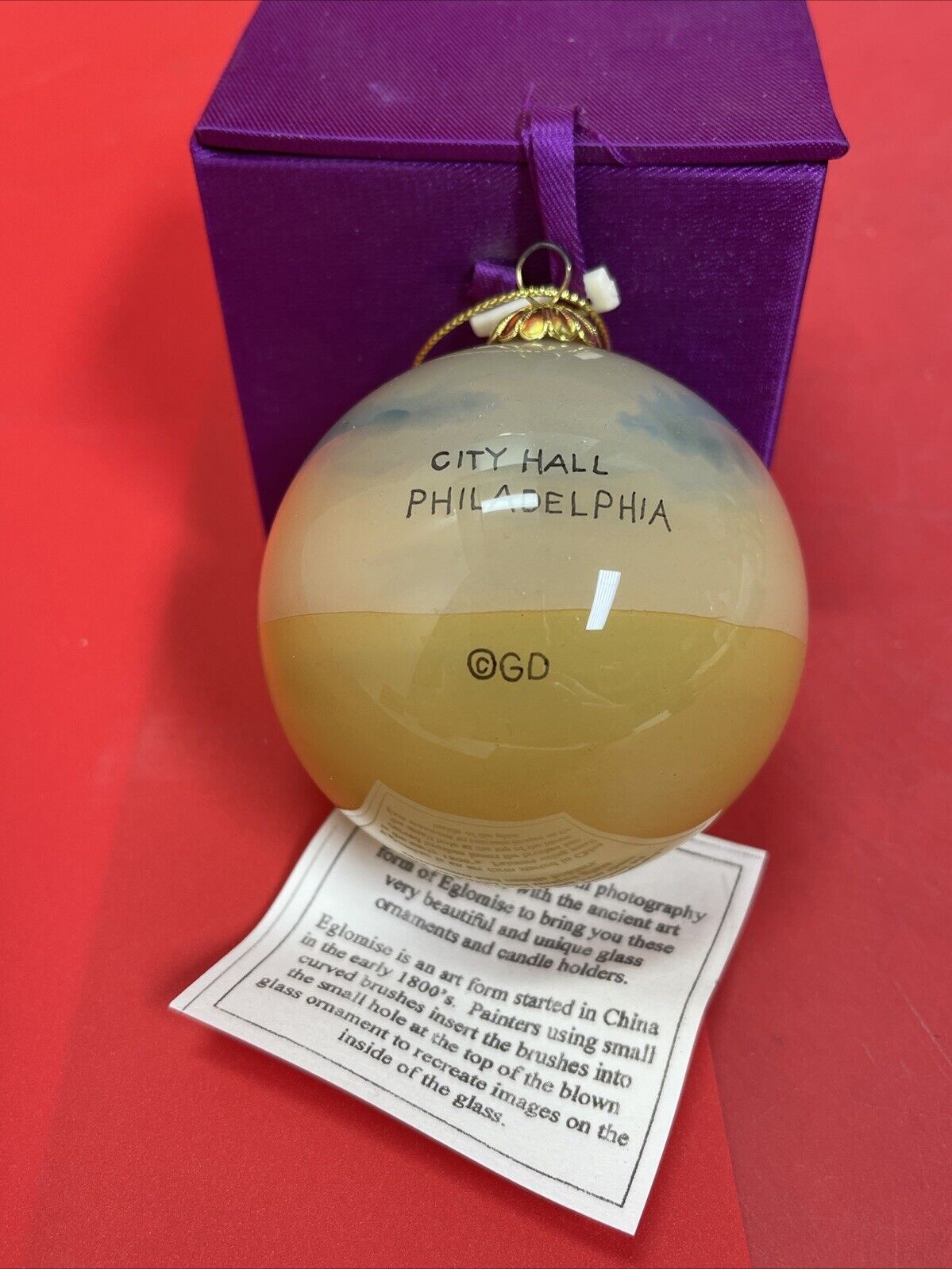 Vintage Reverse Painted Christmas Glass Ornament  3.25” City Hall Philadelphia