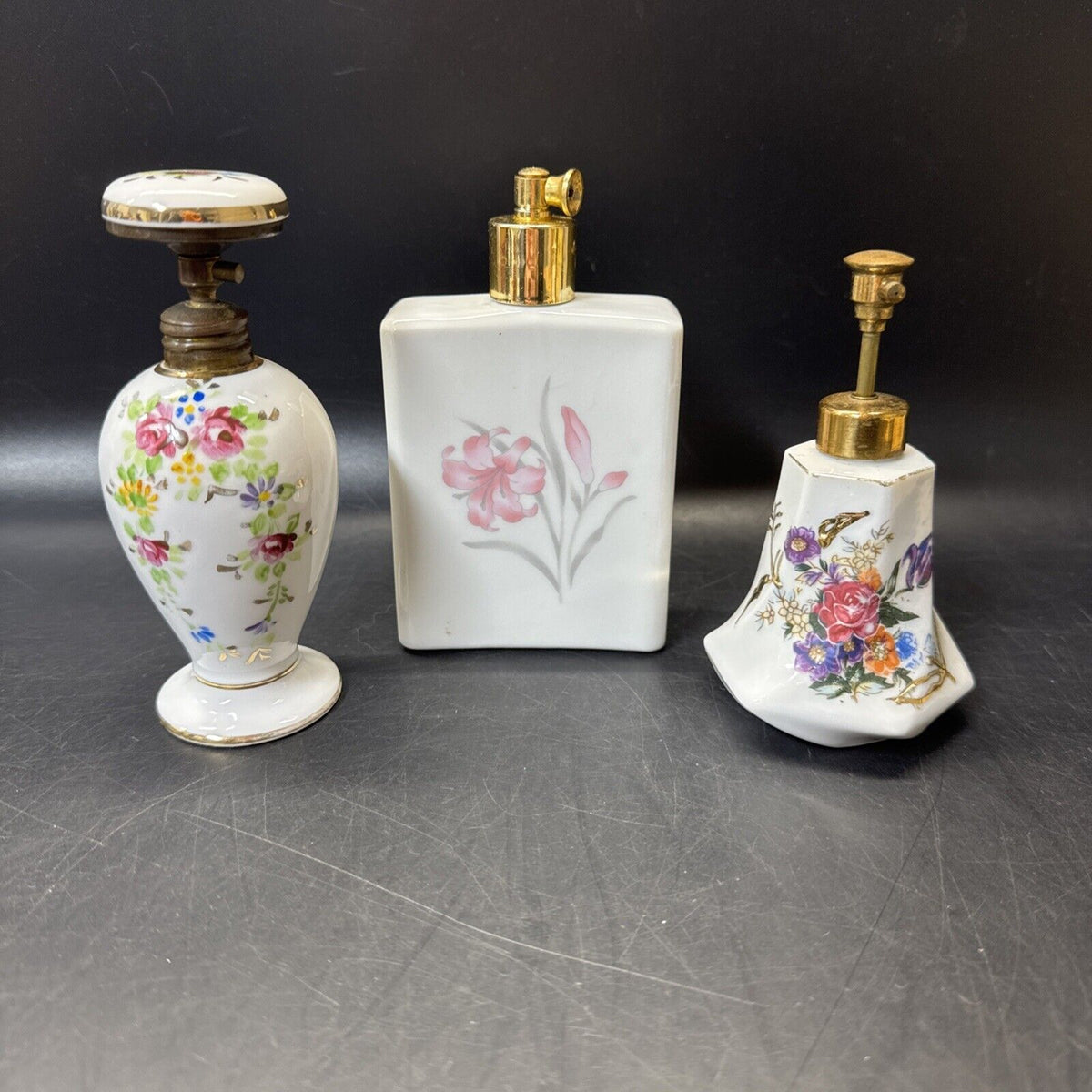 Vintage Perfume Atomizer Bottles Floral Design/ Lot Of 3