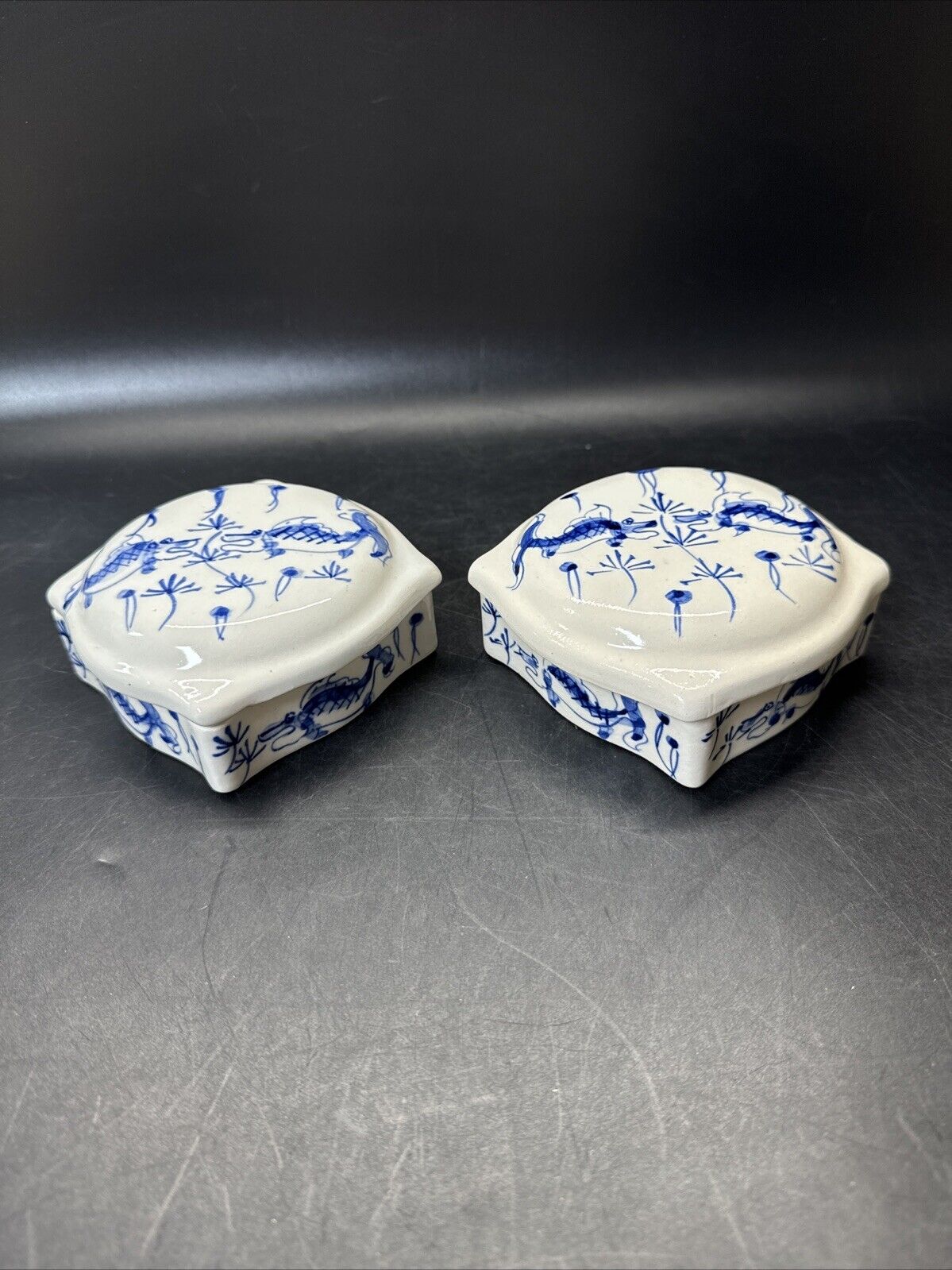 Vintage Koi Fish Trinket Dish w/Lid- Blue on White/ Lot Of 2