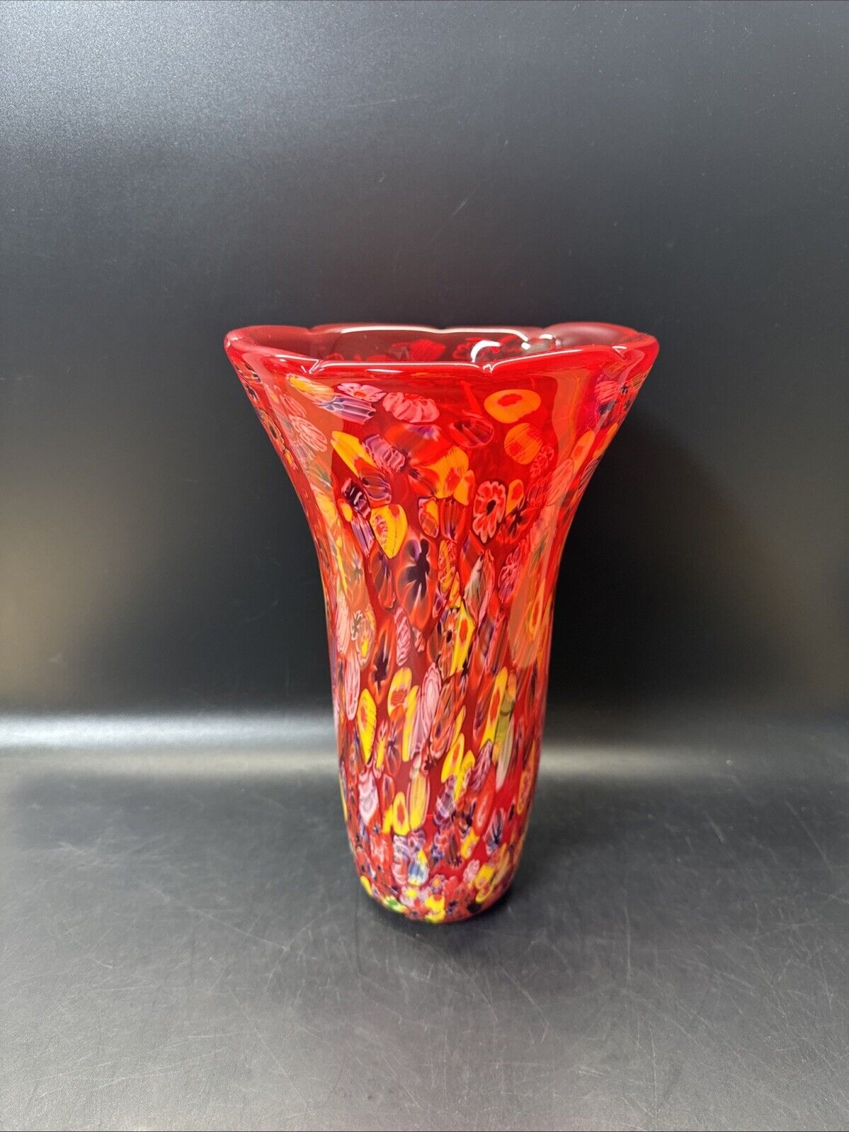 Murano Vase Made In Italy Red Millefiori Hand Blown Glass Heavy Vase 11" Tall