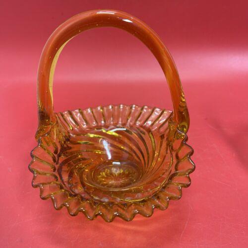 Amber glass basket ruffle edge swirl tiny chip set 2