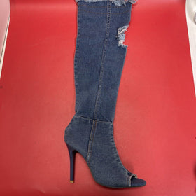 Women Ladies Denim Jean Boots Peep-toe Stiletto Heel Over The Knee Heels 7.5