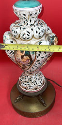 VTG PIERCED PORCELAIN TWIST BRASS BASE TALL TABLE LAMP