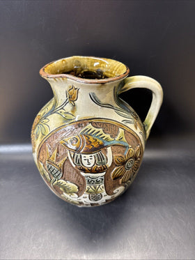 Vintage Original Japanese Pottery Pitcher 9.5” Tall