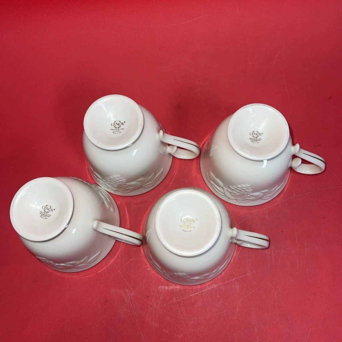 Lenox Fruits Of Life Tea 4 Cups & 3 Saucers, Creamer, Gold Trim