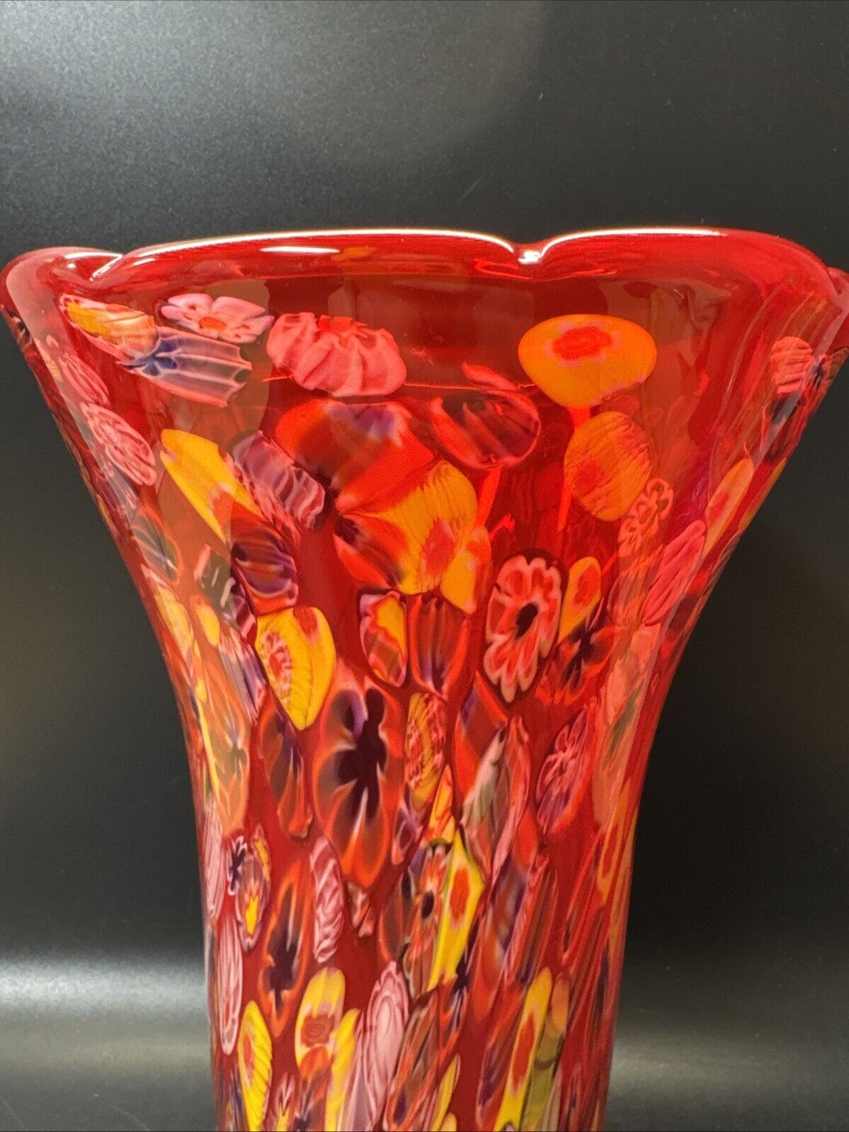 Murano Vase Made In Italy Red Millefiori Hand Blown Glass Heavy Vase 11" Tall