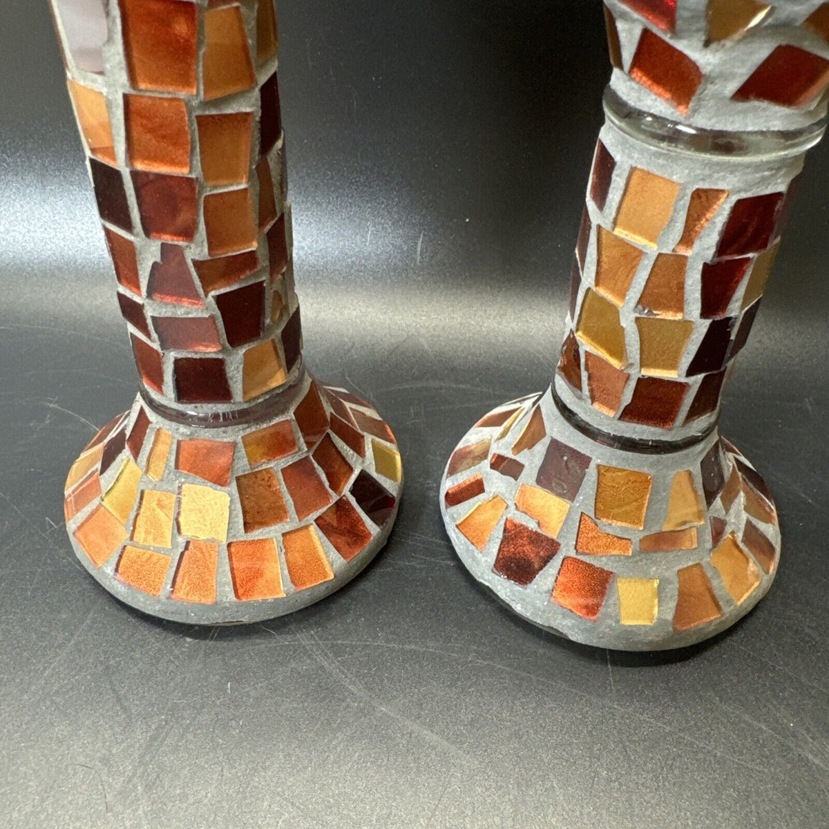 Home Interiors Candle Holder Red Gold Orange Mirrored Mosaic/ Set 2
