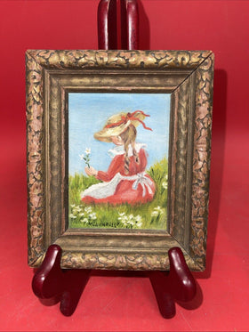 Small framed painting signed by the artist, oil on canvas "Girl picking flowers”
