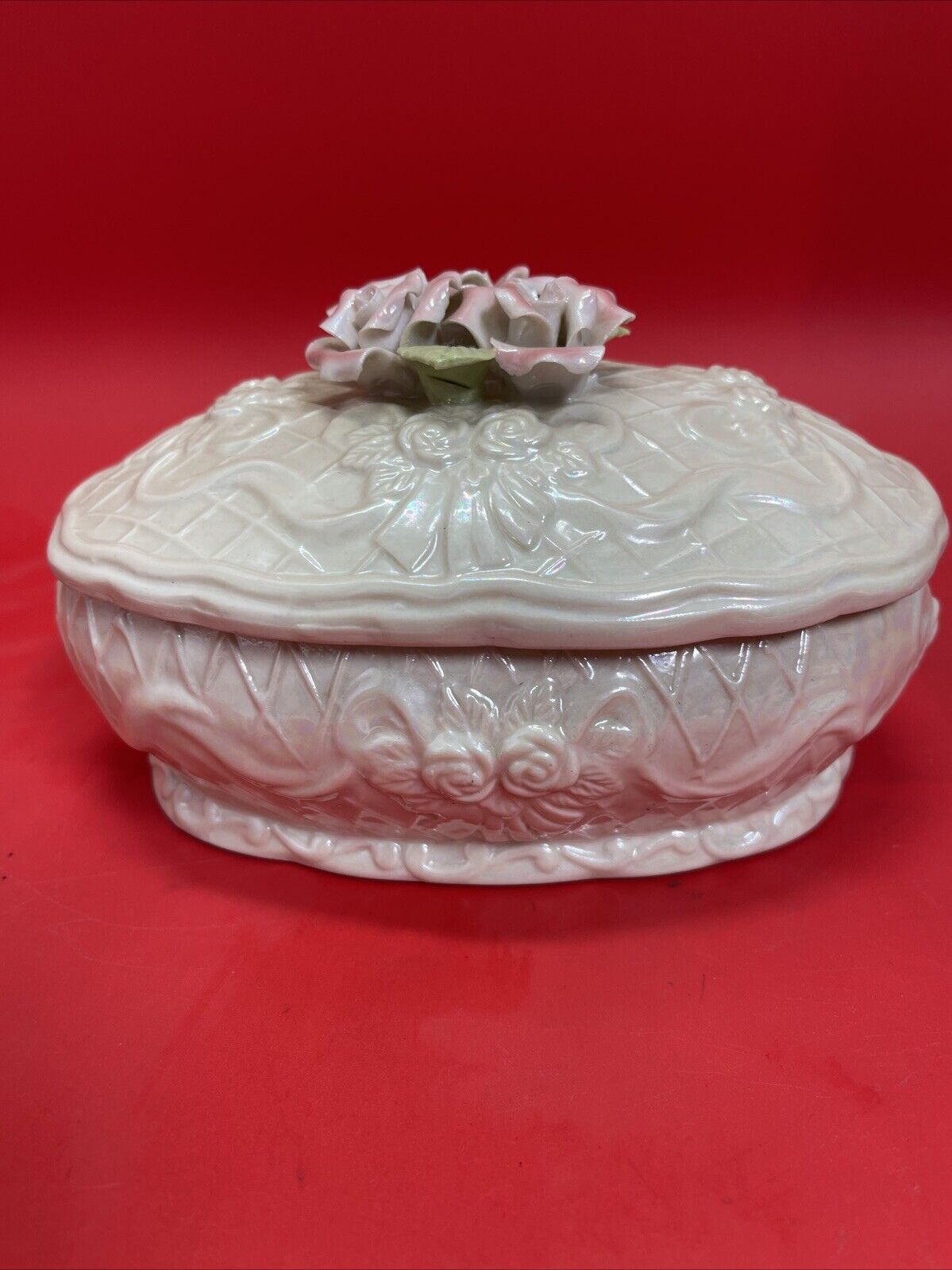 Porcelain Embossed Trinket Box Lidded Roses