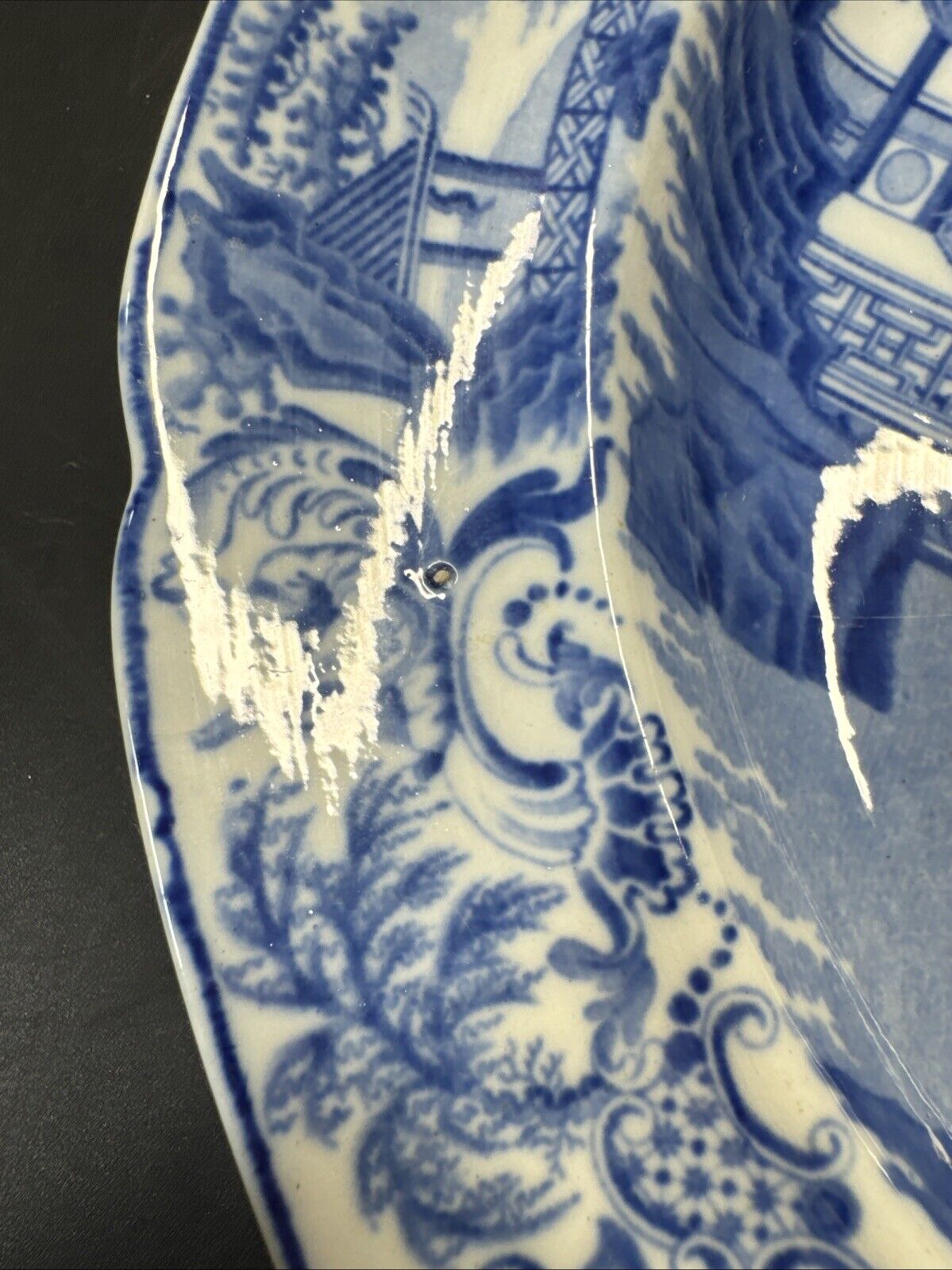 1820s Staffordshire Blue Transferware Plate Chinese Motif Decoration