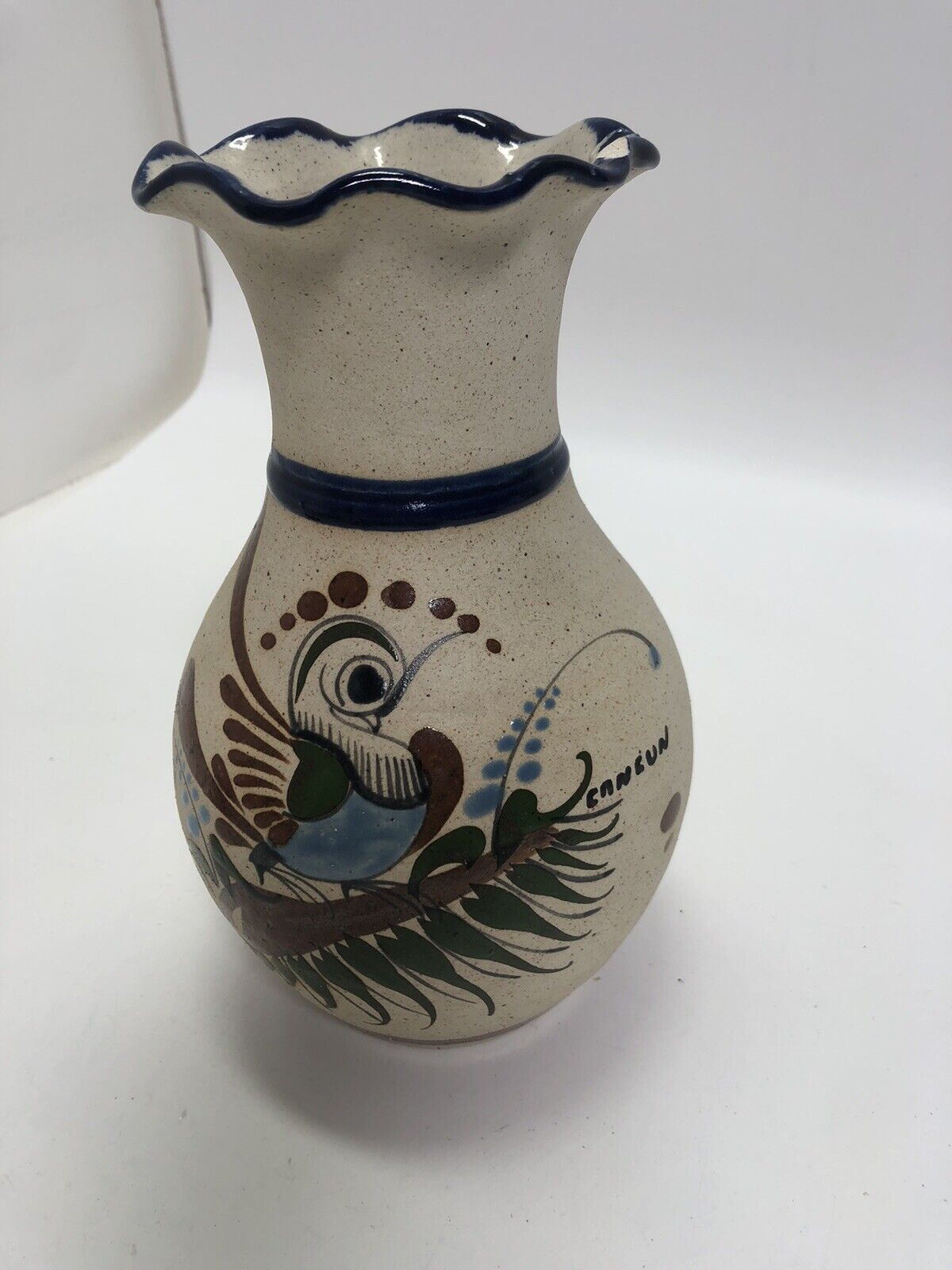 Vintage vase  Tonala Pottery Mexican Folk Art Bird Flowers Sand Stone Signed JC