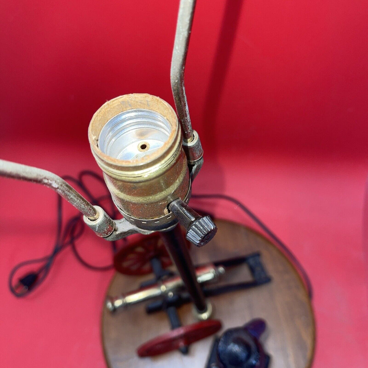 Revolutionary War Cast Iron Model Cannon & Soldier Table Lamp Wooden Base 23"