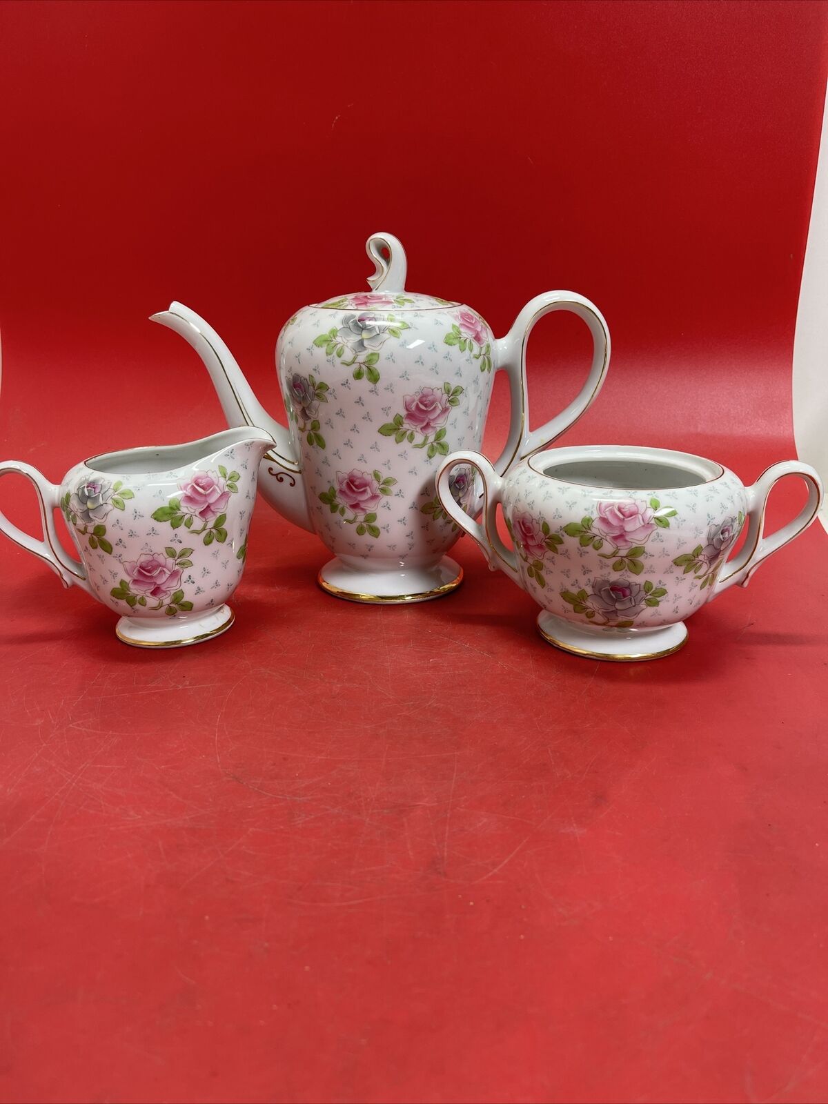UCAGCO CHINA MADE IN OCCUPIED JAPAN TEA POT WITH CREAMER & SUGAR