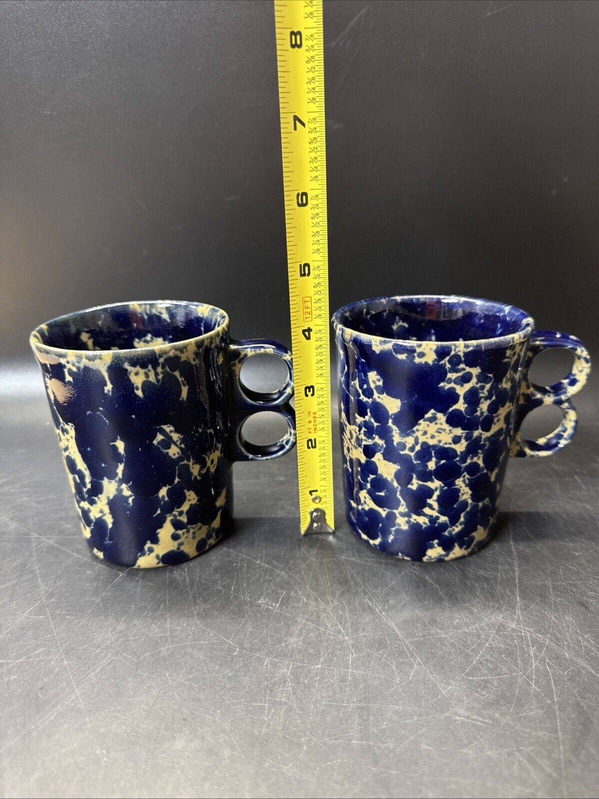 Bennington Vermont Blue Agate Pottery Mugs Trigger Handle 1340 4"/ Set Of 2