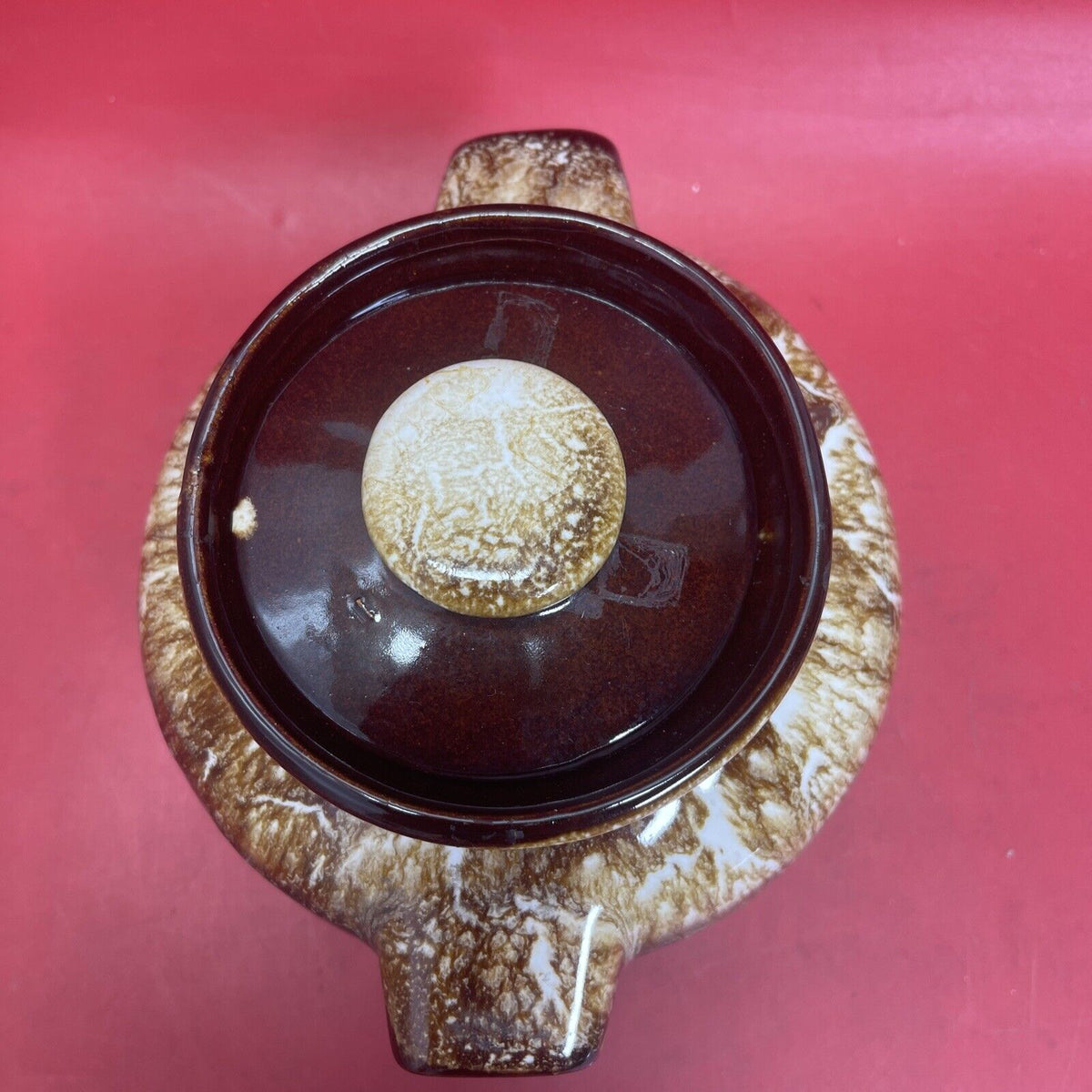 Vintage Brown Drip Pottery Bean Pot / Crock Jar with Lid 